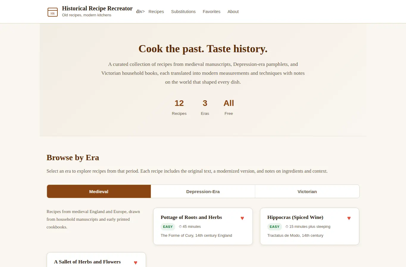 Screenshot of Historical Recipe Recreator interface showing the project page in use